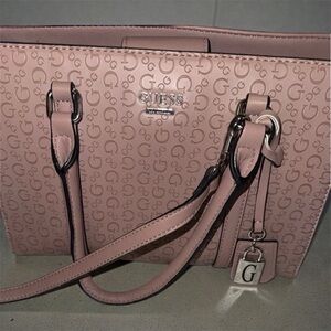Guess Blush Pink Monogram Tote with removable strap & silver hardware